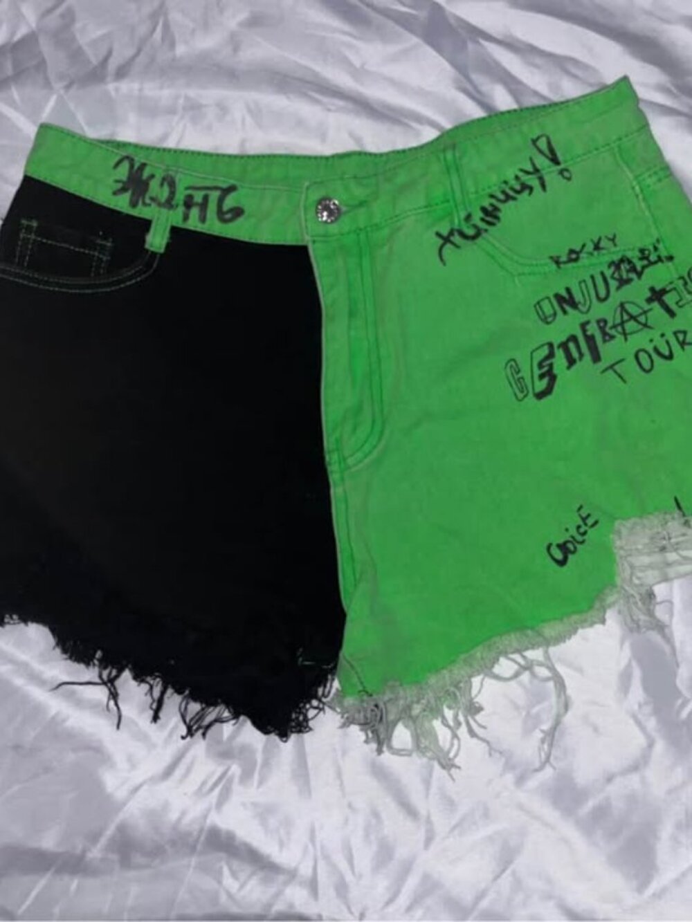Distressed Denim Shorts with Graphic Lettering in Lime Green and Black, Large